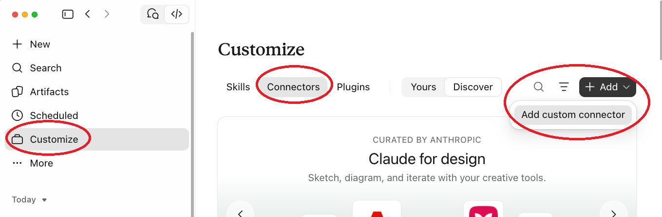 Claude Customize page with the Connectors tab selected and the Add custom connector menu item highlighted.
