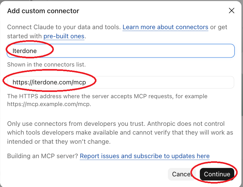 Add custom connector dialog with the name IterDone and the URL https://iterdone.com/mcp entered.