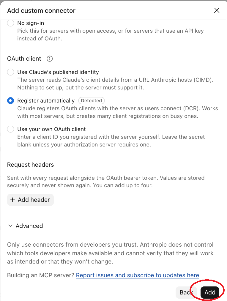 Add custom connector dialog showing Register automatically selected and the Add button highlighted.