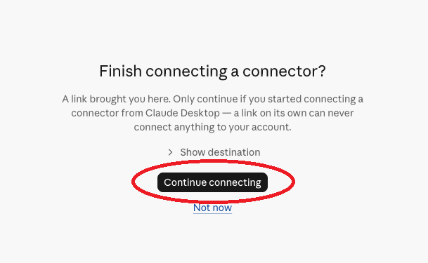 Claude Finish connecting a connector prompt with the Continue connecting button highlighted.