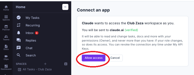 IterDone Connect an app consent page with the Allow access button highlighted.