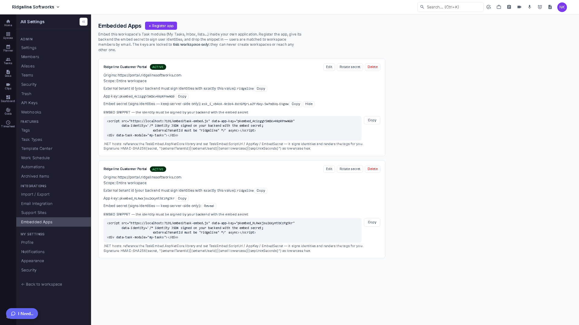The Embedded Apps admin page showing a registered app's allowed origins, space scope, and the copyable embed snippet.