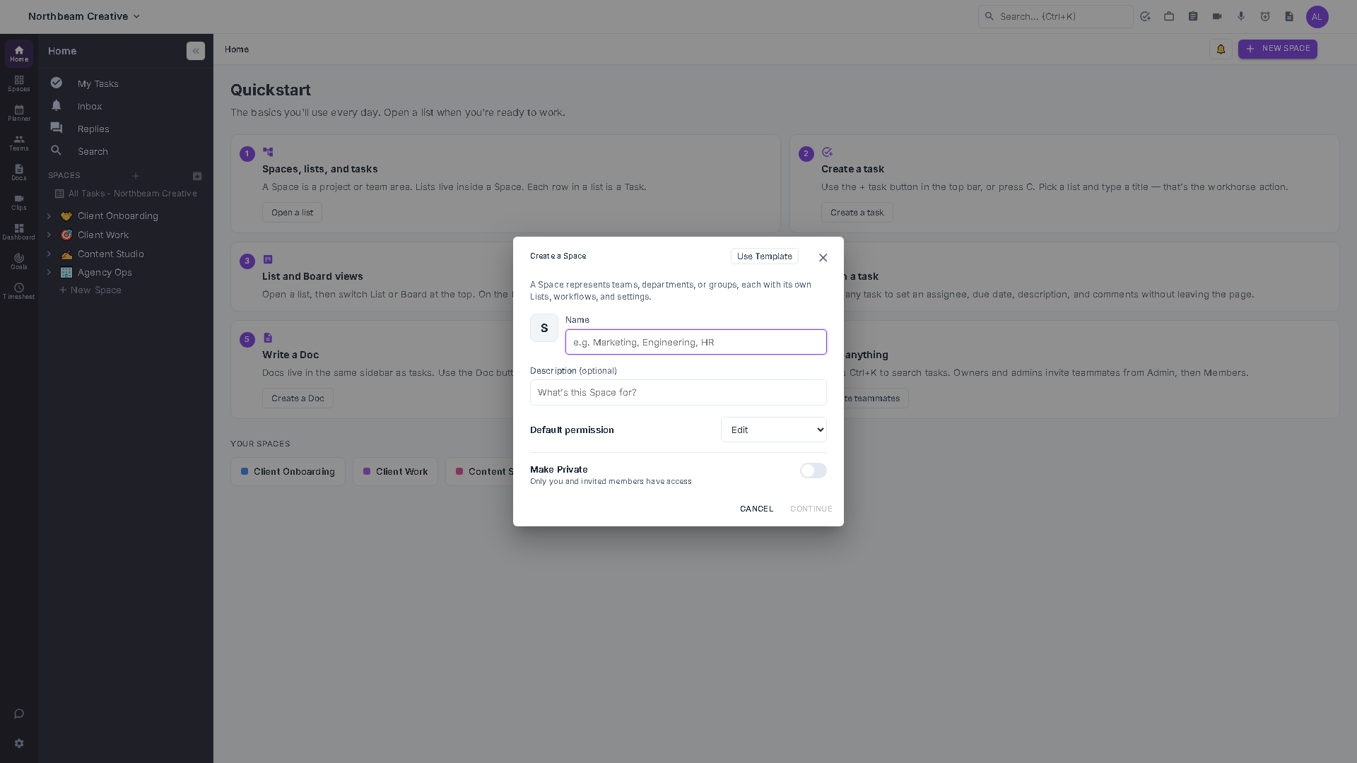 The two-step Create a Space dialog: an icon and name field, a Default permission dropdown set to Edit, a Make Private toggle, and a Use Template shortcut in the title bar.