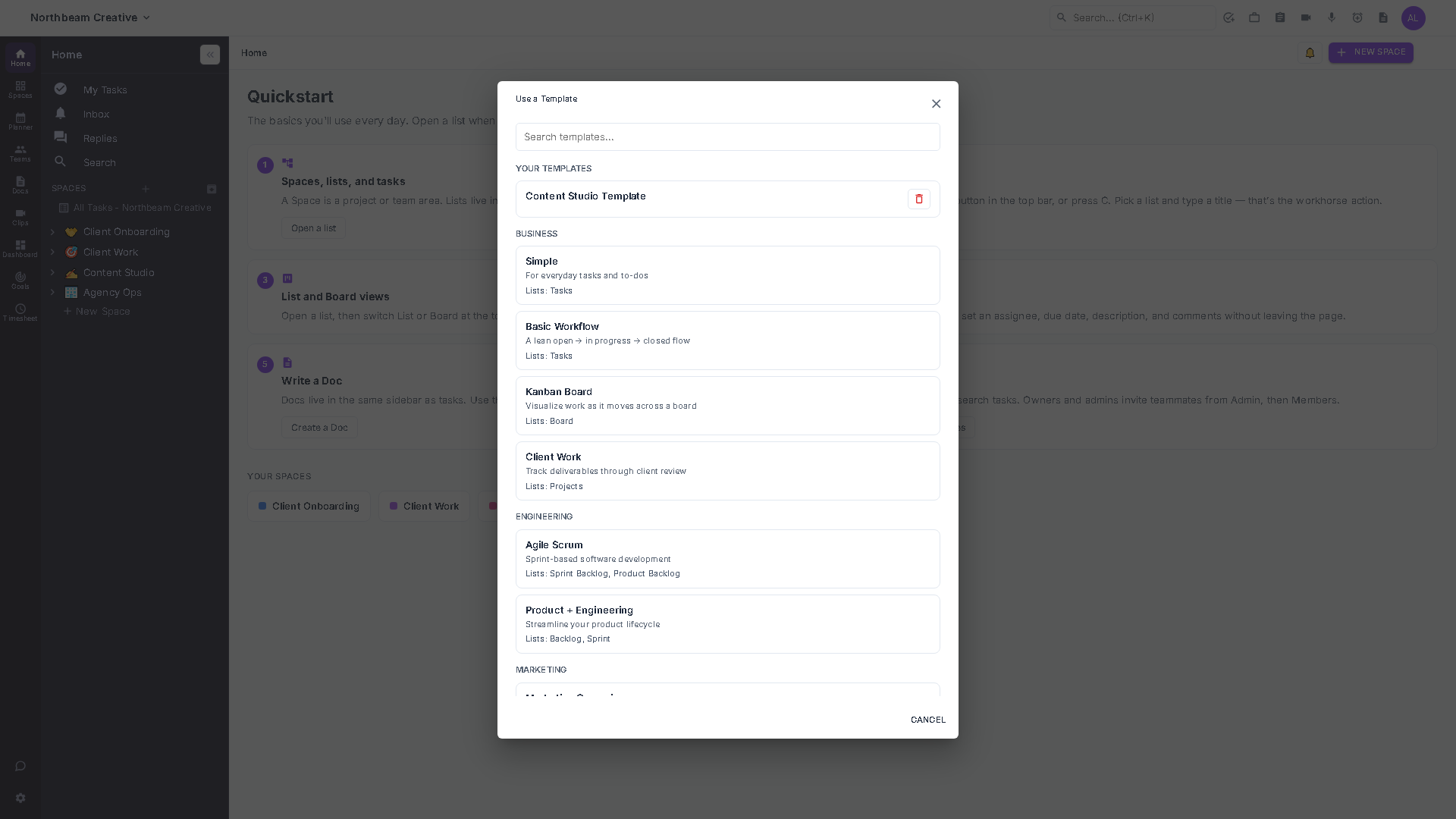 The Use a Template browser dialog with a search box, a Your Templates section, and the built-in Basic templates grouped by category below it.