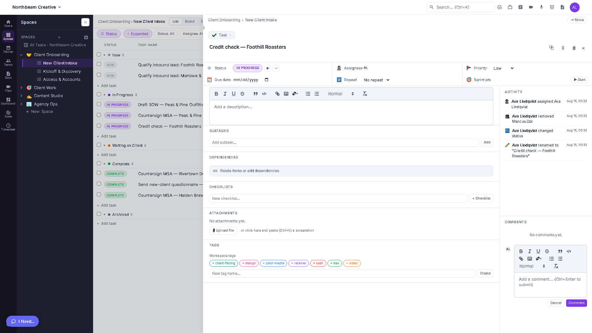A task's Activity panel listing a chronological feed of status changes, assignments and a rename, each with actor and timestamp.