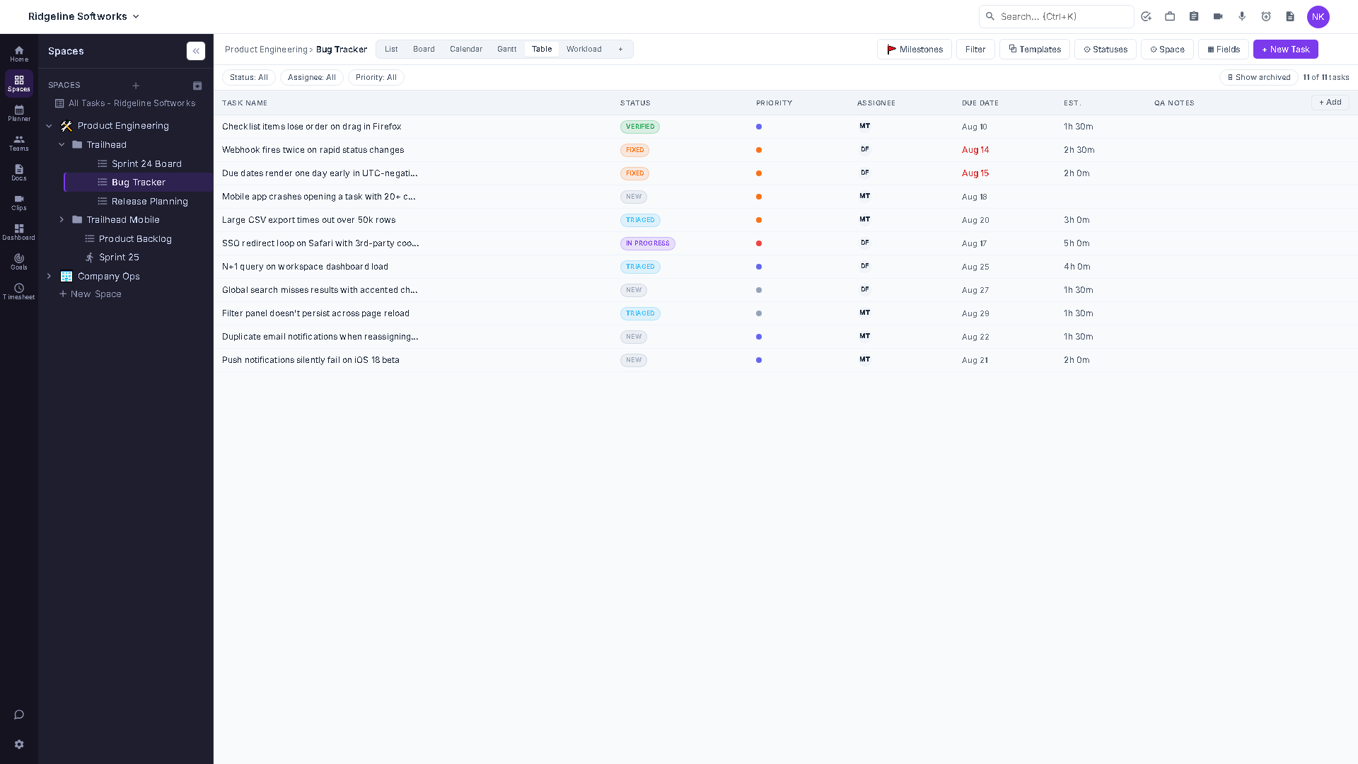 Table View showing tasks as spreadsheet rows with Status, Priority, Assignee, Due date and a custom field column.