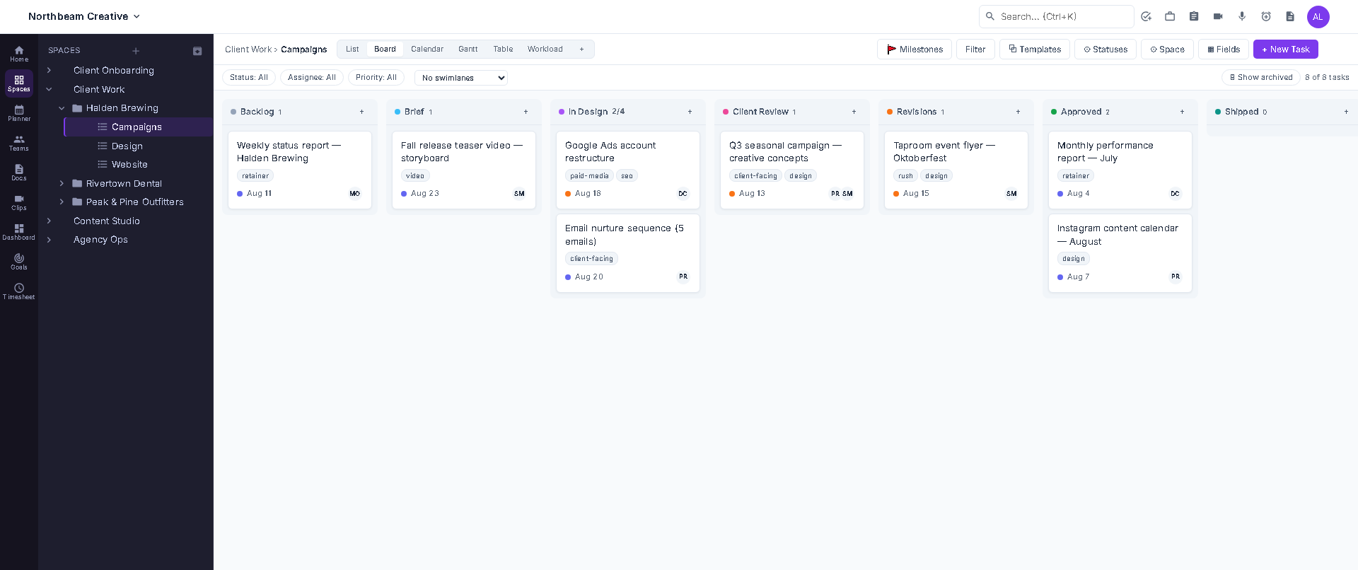 A Kanban board in IterDone with custom statuses — Brief, In Design, Client Review, Approved — and a work-in-progress cap on the In Design column.